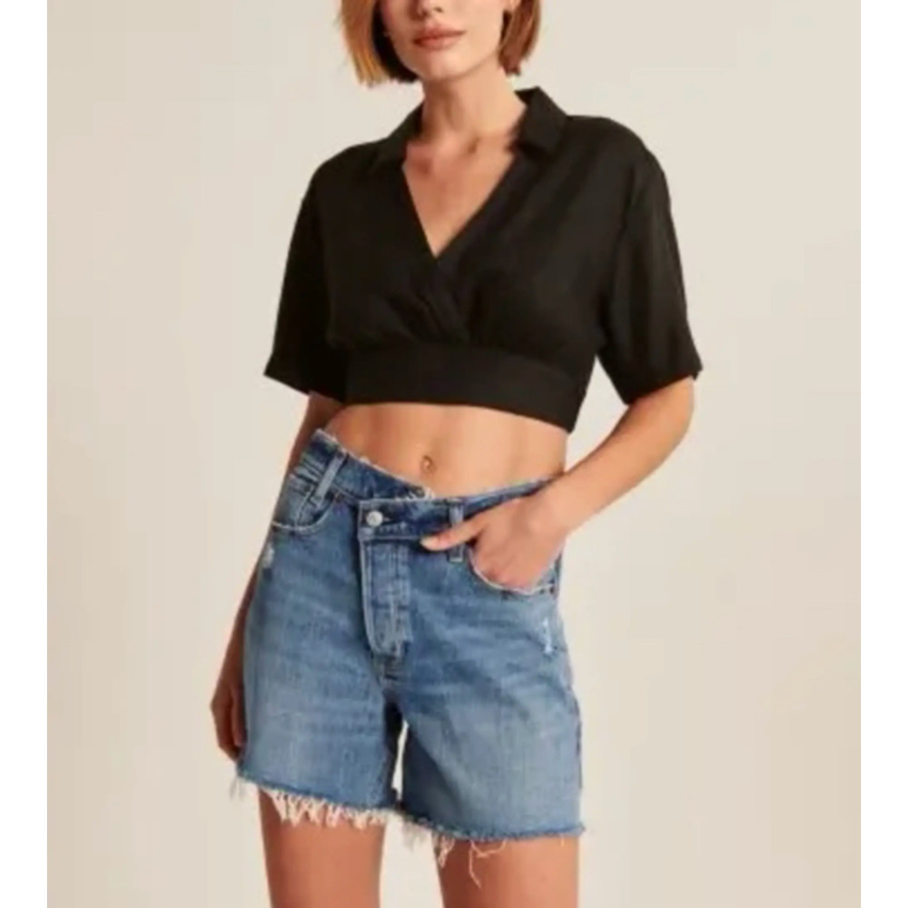 Abercrombie Fitch Top Womens Small Black Linen Blend Cropped V Neck Beach Casual